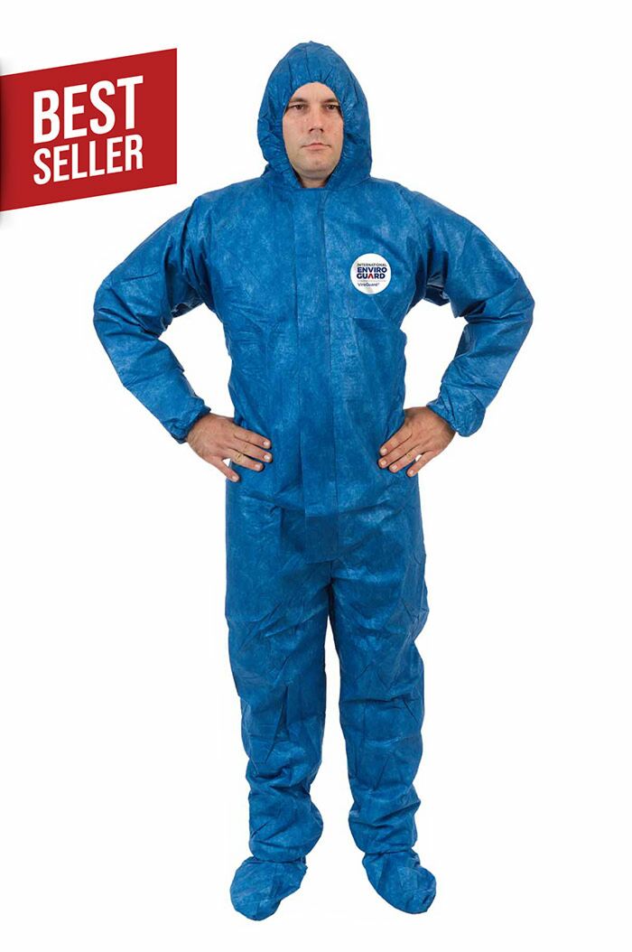 ViroGuard®, Blue Coverall with Hood & Boots, Elastic Wrists & Back, Front Zipper with Storm Flap